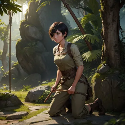 In the game adventure realistic character style, Epic games realistic, game dev, unreal engineer, create A realistic woman with short hair with bangs, kneeling on a jungle rock, left arm touches the rock to balance her body. In her right hand, with her arm...