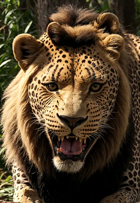 A strange leopard head animal, bear&#39;s body and lion&#39;s mane, with seven heads and ten horns, sentada sobre uma montanha.