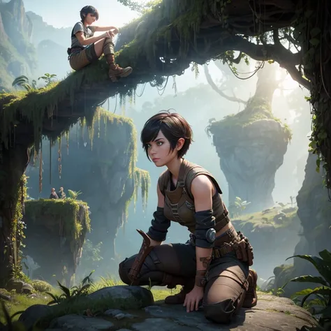 {wihite background}} In the game adventure realistic character style, Epic games realistic, game dev, unreal engineer, {{wihite background}}, create one realistic adult woman with short hair with bangs, kneeling on a floating jungle rock, left arm touadult...