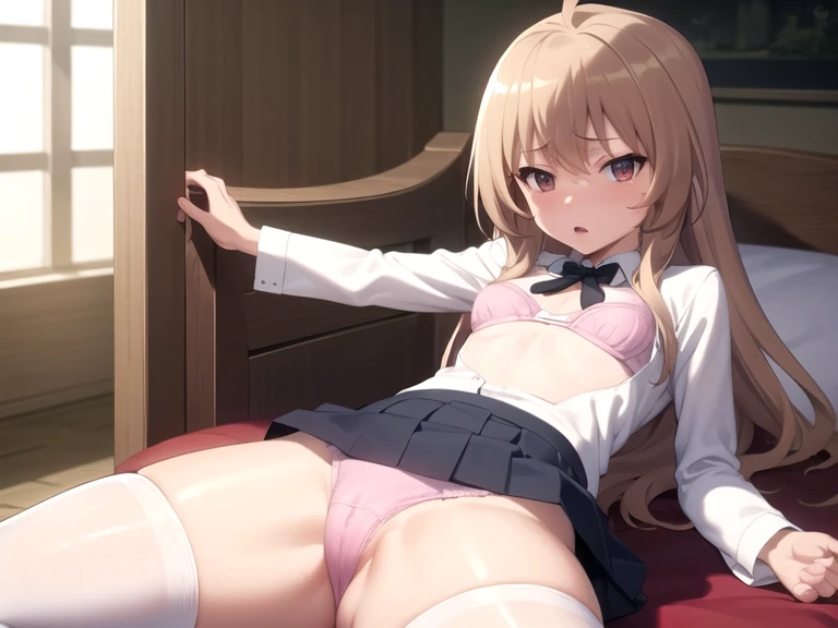 (ultra-highdetail, 8k quality, best quality, extremely detailed illustration,intense shadows, anime coloring,), (taiga aisaka, oohashi , blazer, brown eye, Short stature, small breast, solo), sleeping, cameltoe, pink panties, front open clothes, lift pink ...