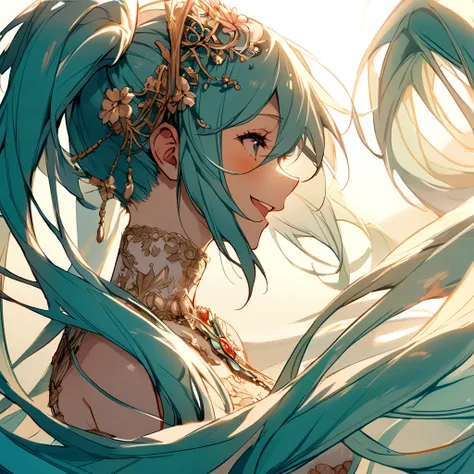 hatsune miku, side view, happy, 