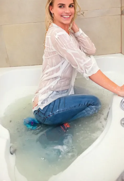 attractive blonde woman wearing skinny jeans, Converse Chucks sneakers, white blouse, taking a bath,  sitting in big bathtub, big smile, soakingwetclothes, (((side view)))