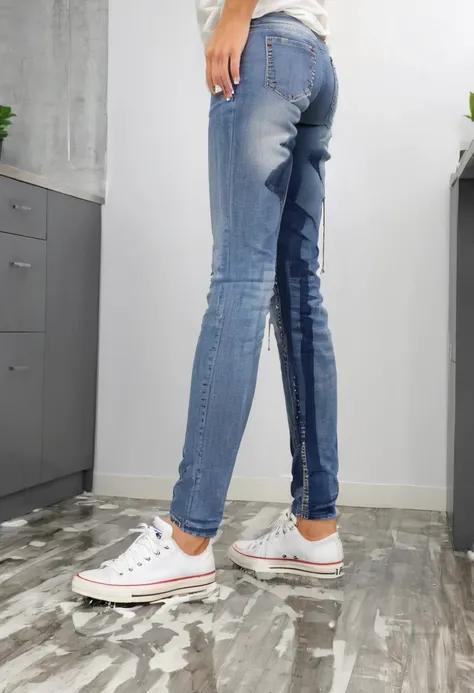 (((side view))), attractive blonde woman wearing skinny jeans, Converse Chucks sneakers, white blouse, standing in an office,  wetting, big smile, pee stains are gleaming wet, (((side view))), (((sneakers soaked with pee)))