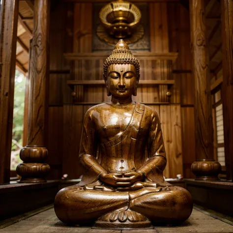 wooden_made statue of buddha in a japanese temple. a forest in background, blurred foreground. hi quality photo shot