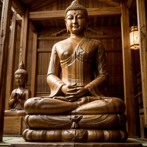 wooden_made statue of buddha in a japanese temple. a forest in background, blurred foreground. hi quality photo shot