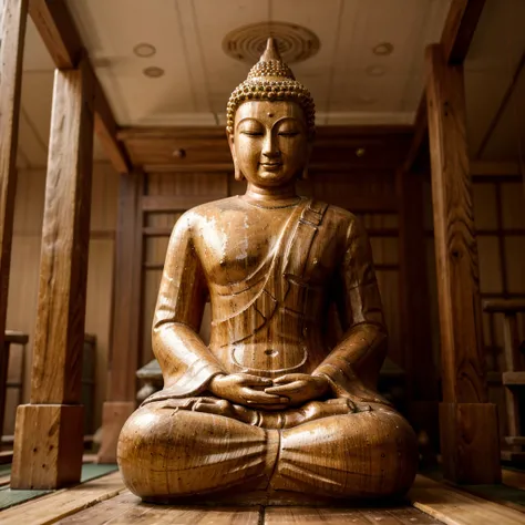 wooden_made statue of buddha in a japanese temple. a forest in background, blurred foreground. hi quality photo shot