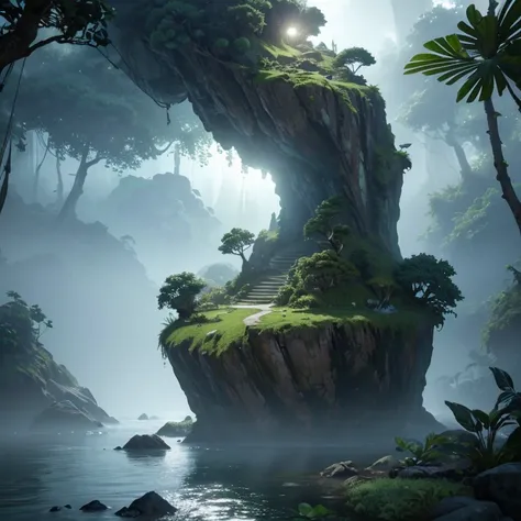 a floating stone island with lush jungle vegetation, highly detailed, photorealistic, epic quality, unreal engine, octane render...