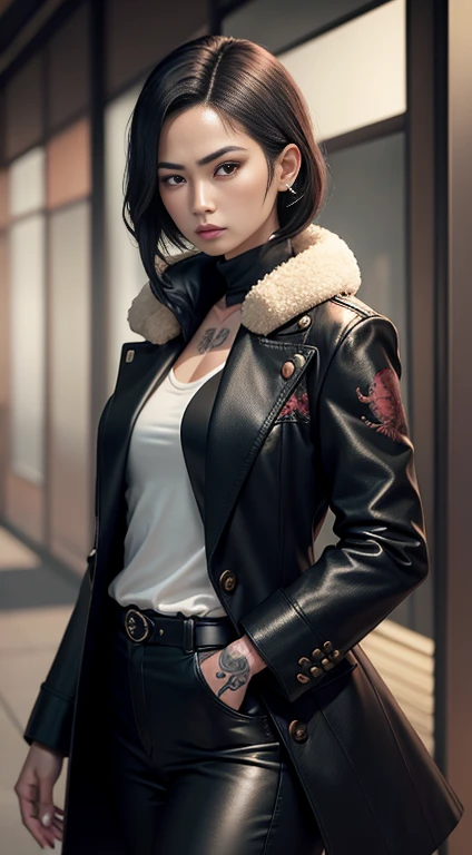 yakuza feminina, dragon tattoo, coat, decote, mini-saia, salto alto, cabelo curto