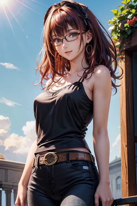 #Basics A girl is posing for a photo, animeのかわいい女の子, (((One Girl, Baby Face, 16 years old))), 
BREAK 

#Clothing Accessories 
(Black camisole + Denim skinny pants + Black leather belt + Black High Heels + Red thick frame glasses:1.4), 
(big silver necklace...