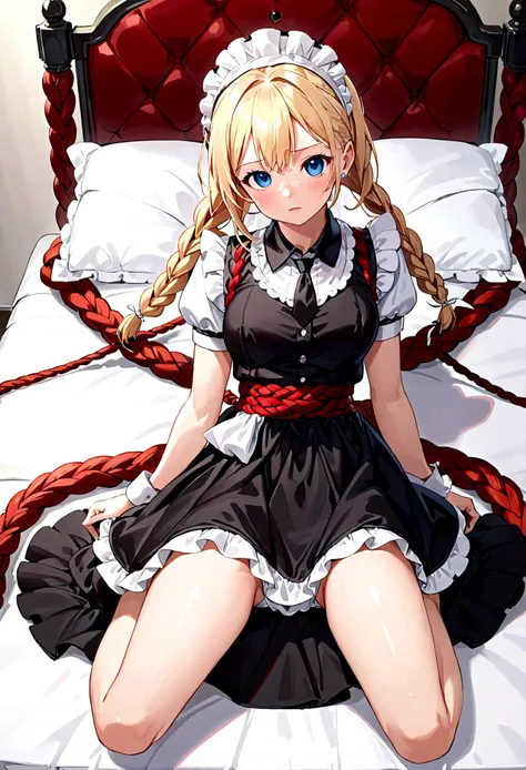 Shiny blond hair, very long hair, sophisticated haircut, ((((hair fully braided)))), ((small twisted braids)), thin and oval face, submissive, ((((very cute maid girl)))), ((((very cute black maid dress)))), ((((cute waitress serving a blond man)))), cute ...