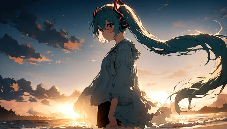 hatsune miku, beautiful, masterpiece, cinematic lighting, anime, 1girl, solo, at the beach