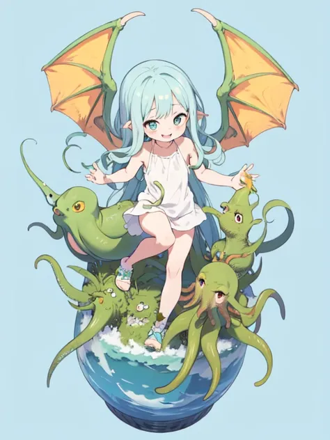 (cthulhu), cute, comical, round eyes, smile, soft tentacles, pastel colors, small wings, fun, for kids, fantasy, soft, (cute mon...