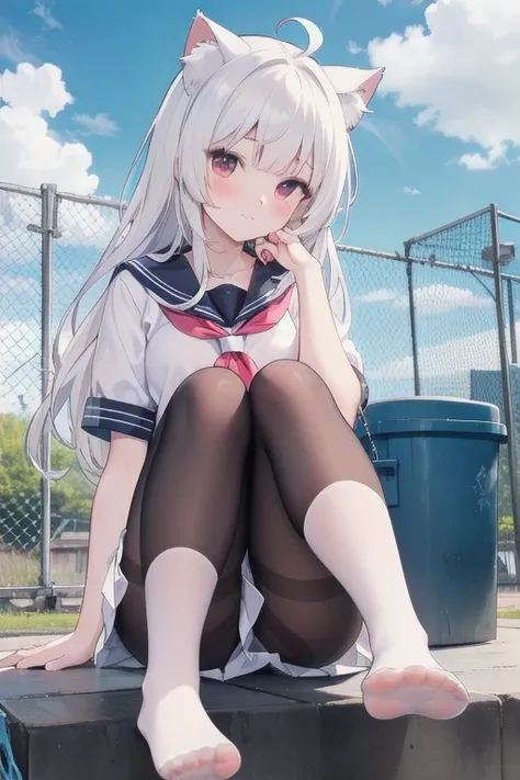 ((masterpiece, best quality)),a girl, solo, skirt, sky, sitting, pantyhose, serafuku, cloud,outdoors, neckerchief ,day, bangs, fence, shirt, ahoge, rooftop, long hair, white pantyhose,white hair, white , white sailor collar,red eyes, sailor collar, white s...