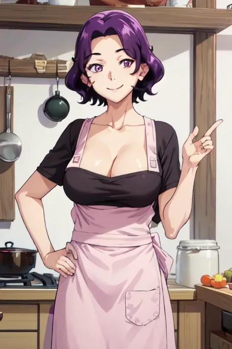 (best quality), (masterpiece), azusa_hamaoka, short hair, purple hair, purple eyes, large breasts, no shirt, no bra, collarbone, apron, kitchen, looking at viewer, smiling, upper body, 