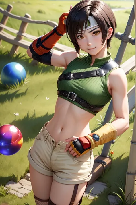 masterpiece, best quality, yuffie kisaragi, headband, green crop top, shoulder armor, armguard, fingerless gloves, tan shorts, s...