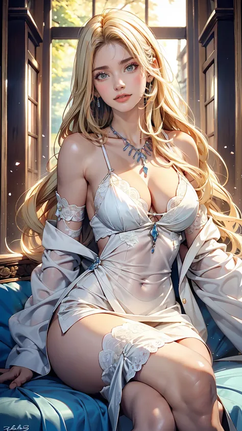 (highest quality, High resolution, masterpiece :1.3), 25 year old Caucasian female、Platinum Blonde、blue eyes、Semi-long hair、Iの髪はウェーブしています、smile、Slim figure、Large Breasts、I&#39;Wearing earrings、Im wearing a necklace、Wearing accessories on your wrists and an...