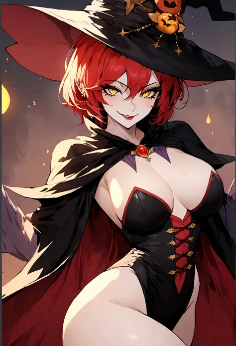 witch, volumptious body, witch clothes, alluring clothes, witch hat, red hair, short hair,  evil smile, piercing yellow eyes, seductive smile, woman