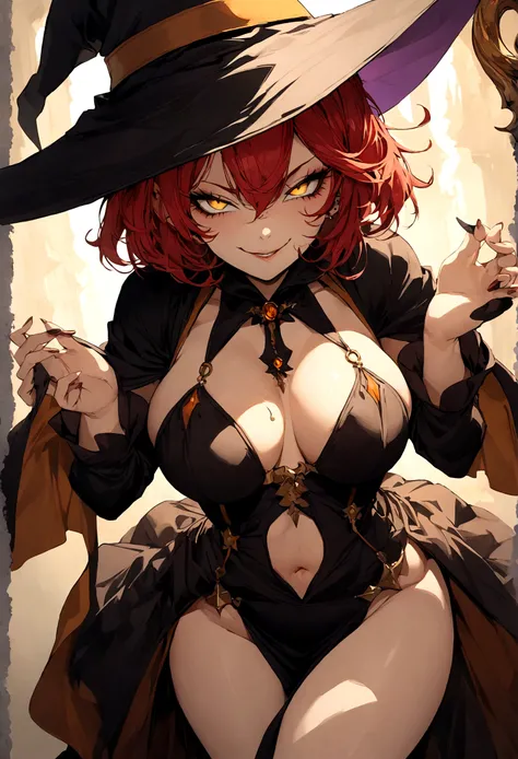 witch, volumptious body, witch clothes, alluring clothes, witch hat, red hair, short hair,  evil smile, piercing yellow eyes, seductive smile, woman