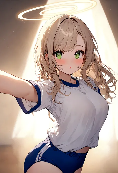 dancing,light_cream_brown_hair,green_eyes,beautiful_hair,halo,beautiful_eyes,1_beautiful_girl,cute_face,beautiful_face,pretty_face,beautiful,best_quality,good_anatomy,blue buruma, gym shirts, white t-shirts, gym uniform,