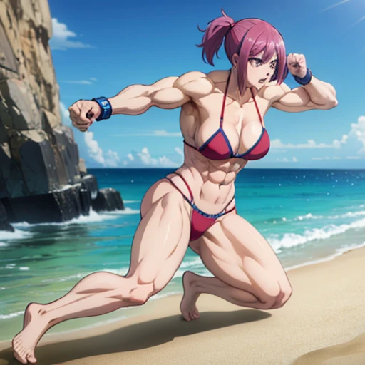 Lucy im MMa fight, bikini,naked,muscular body, female bodybuilder, fight on beach, dominate pose, muscle flexing, barefoot, toes 