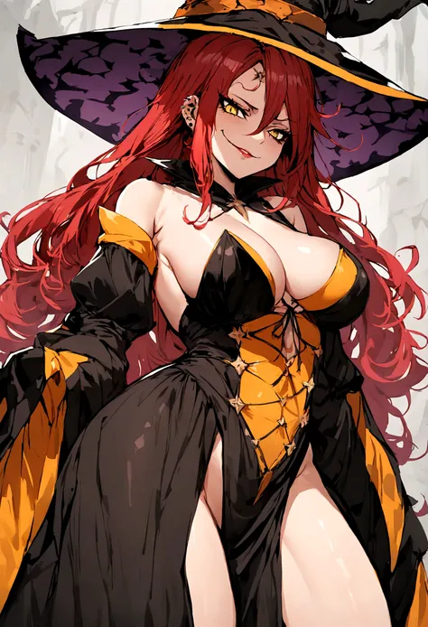 witch, volumptious body, witch clothes, alluring clothes, witch hat, red hair, long hair,  evil smile, piercing yellow eyes, seductive smile, woman