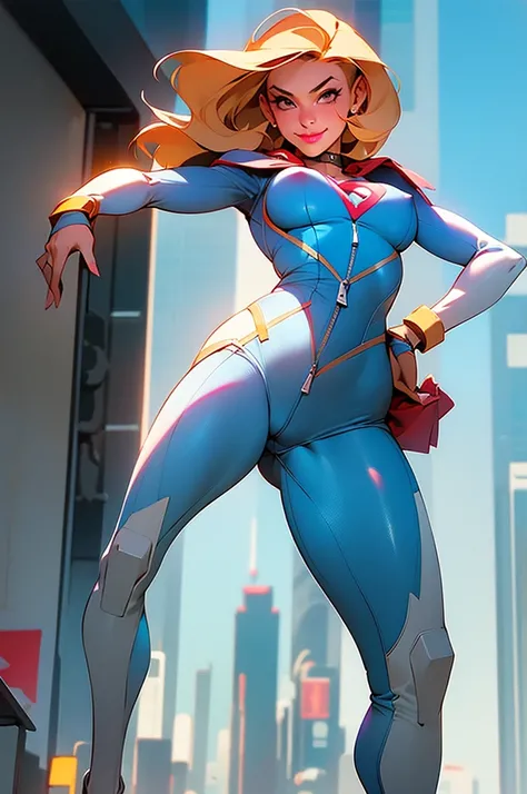 masterpiece,(masterpiece, top quality, best quality),supergirl solo, platinum blonde hair, belt, hand on hip, holding, large breasts, protruding erect nipples. Visible cleavage, unzipped translucent white bodysuit (supergirl insignia on chest), choker, sup...