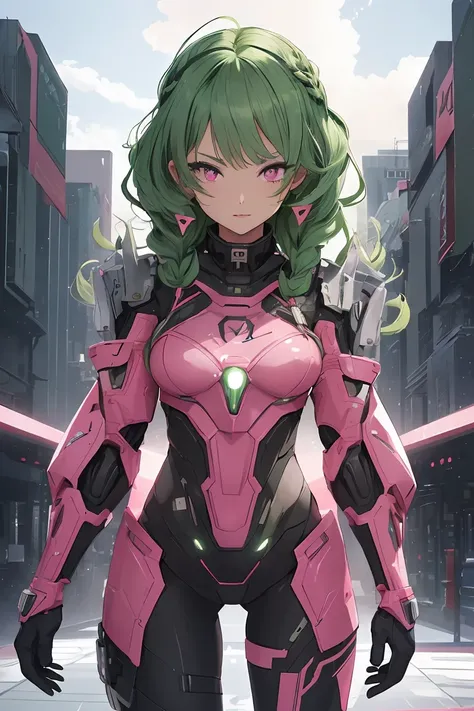 ((1 girl)), Mecha Suit,Cybertech, Large rear armament, Cloak-like equipment, Cowboy Shot,((Very detailed,highest quality, High resolution, 8k wallpaper, Beautiful clothes,)),((Green Hair, Medium Hair, Loose Curly Hair, Braided hair)) (Bright Blue Eyes), (t...