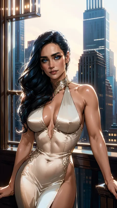 masterpiece, jennifer connelly, cowboy shot, wearing sexy silk dress, perfect detailed eyes, on the balcony of a loft in new yor...