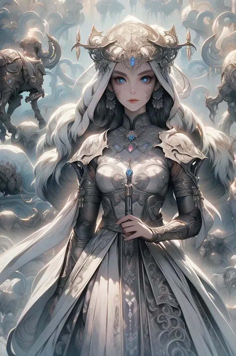 A luminously enchanting polished draugr girl, its ethereal presence emanating from gleaming silver armor adorned with intricate Norse runes. This mesmerizing concept art piece, a digital painting, captures the mythical undead creature in stunning detail. T...