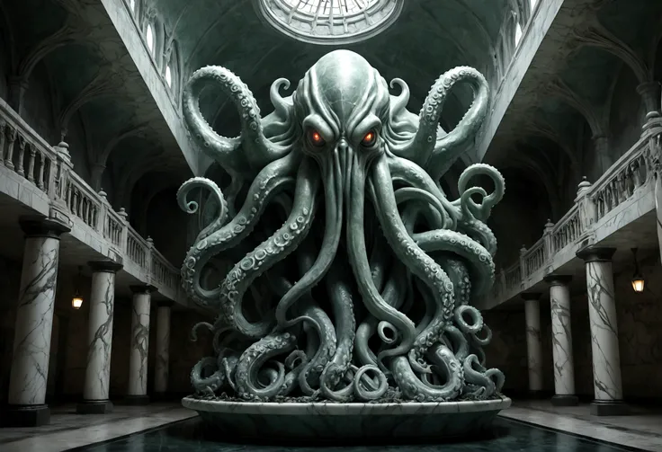 Gothic Hospital, A Cthulhu creature made of marble, Tentacles, fear, Dark Fantasy, HDR, Intricate details, Super detailed