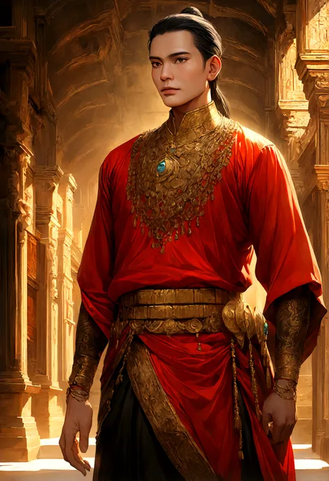 8K Ultra HD, highly detailed, super realistic, painting of a man in a Khmer red outfit with a gold belt, costume design, ancient old rich Khmer man, dressed in Khmer clothes, beautiful image