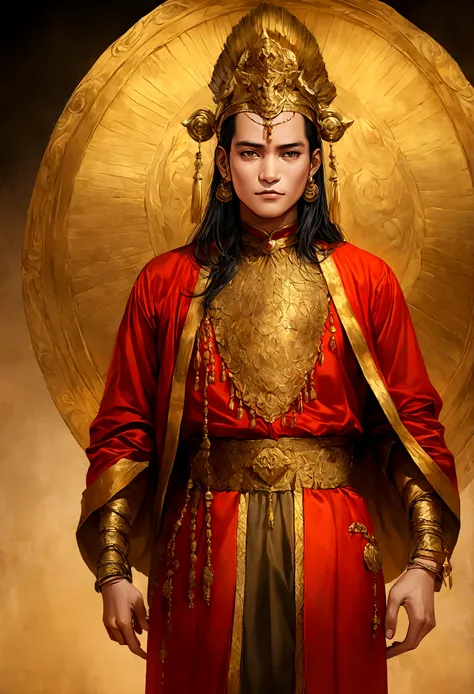 8K Ultra HD, highly detailed, super realistic, painting of a man in a Khmer red outfit with a gold belt, costume design, ancient old rich Khmer man, dressed in Khmer clothes, beautiful image