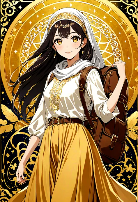 "Tall anime Girl, 20 years old, with long black hair down to her waist, golden eyes, and smile. She dresses in an antique style, She wears a brown skirt longer on one side than the other, large brown boots up to the knees with lots of ribbons, a backpack, ...