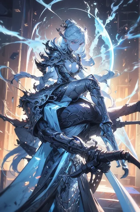 A luminously enchanting polished draugr girl, its ethereal presence emanating from gleaming silver armor adorned with intricate Norse runes. This mesmerizing concept art piece, a digital painting, captures the mythical undead creature in stunning detail. T...