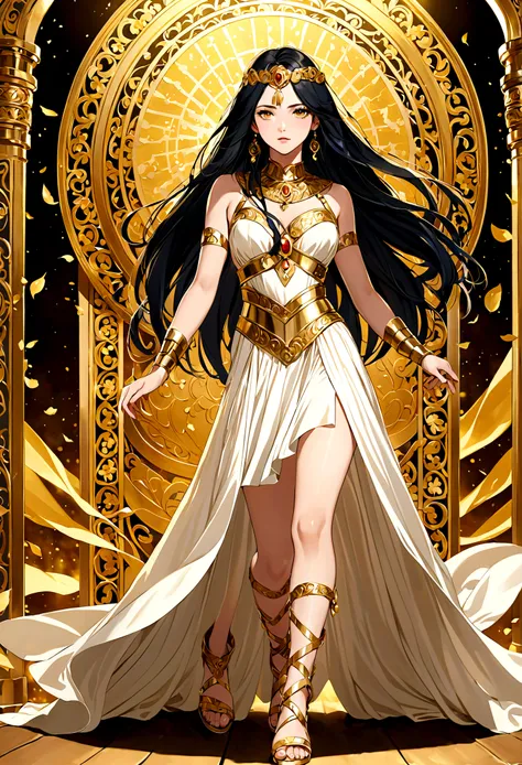 20 years old, with long black hair down to her waist, golden eyes. She wears jewelry and dresses in an antique style, donning a long white dress with golden details. She wears elegant gladiator sandals. She possesses golden powers and has a golden-themed b...