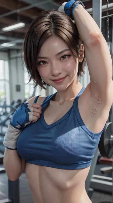 masterpiece, best quality, asuka kazama, brown hair, see-through, fingerless gloves, sweat, sweaty, looking at viewer, smile, upper body, gym background, large breasts, armpits visible