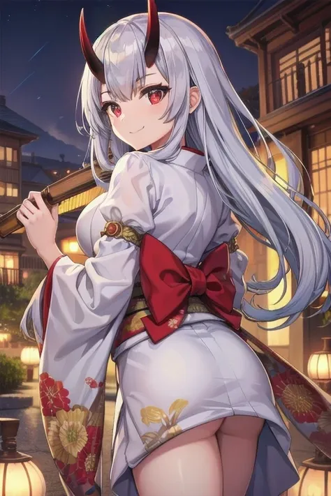 a beautiful girl with glowing red eyes, long silver hair, and oni horns, wearing a long kimono with puffy sleeves and hands behi...