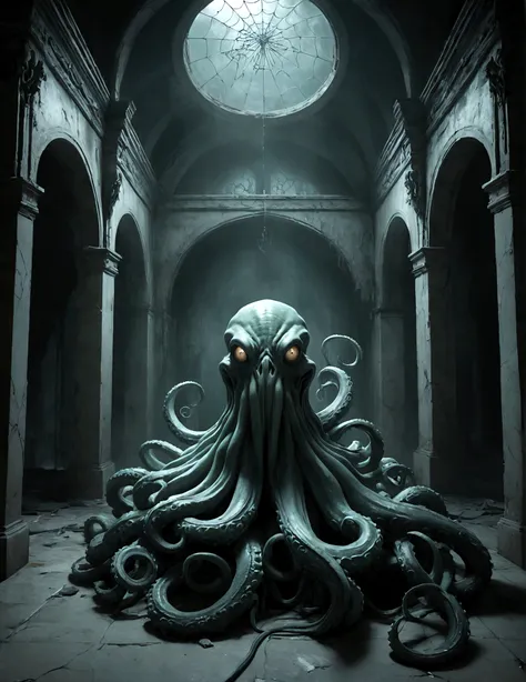 A Cthulhu creature made of marble，Tentacles，Dark Fantasy，Dilapidated wards，Spiderweb Corridor，Twisted metal bed，Peeling paint，Broken windows，Moonlight through，Shadows Lurk，Chiaroscuro lighting，Pastel color palette，（Best quality，4k，8k，High level，masterpiece...