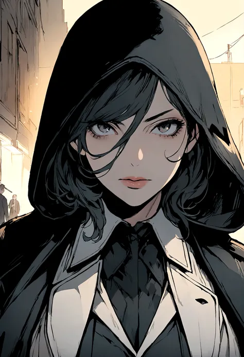 ((highest quality)), ((masterpiece)), (detailed), One woman, Hitman,Black Hood,An illustration