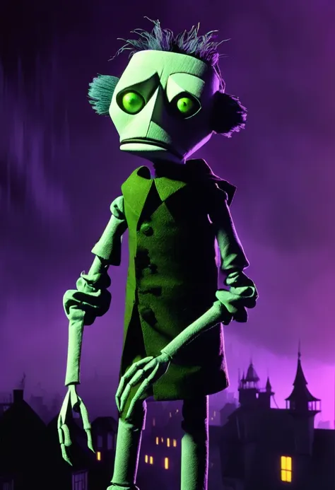 Fairy-tale puppet cartoon character Carlson, who lives on the roof. completely darkened room, grainy, eerie setting, dark white tone. creepypasta, ray tracing details. Bright colors purple, green, yellow, neon. Style by Charlie Bowett, Albert Joseph Penaud...