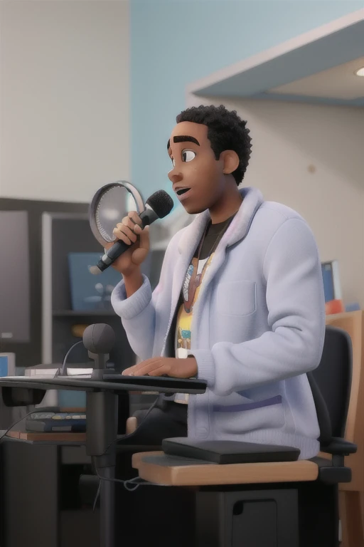 A PIXAR STYLE BLACK MAN WITH THE MICROPHONE IN HAND, MELHOR QUALIDADE, ALTA QUALIDADE