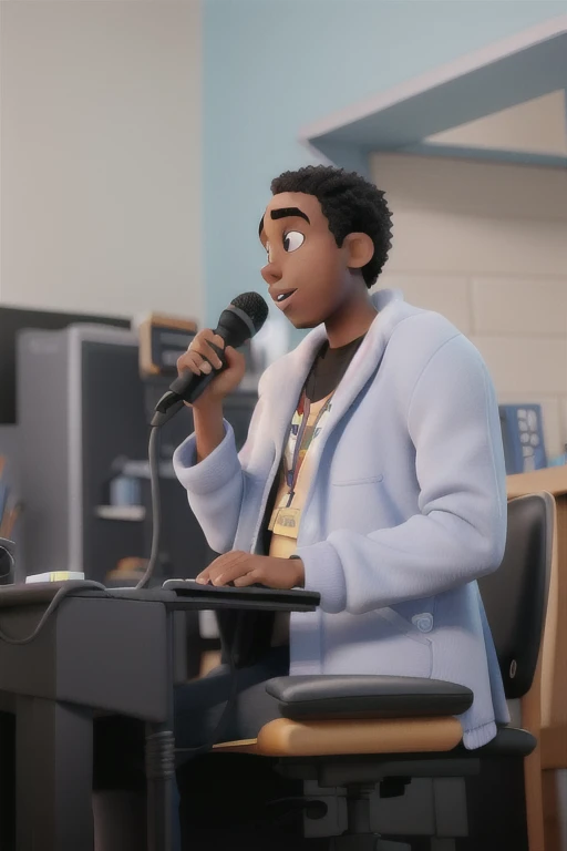 A PIXAR STYLE BLACK MAN WITH THE MICROPHONE IN HAND, MELHOR QUALIDADE, ALTA QUALIDADE