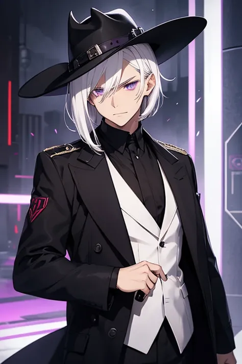 Boy,man,shorthair,white hair,straight hair,purple eyes,demon horn,handle gun,black uniform,black clothes,black coat,long coat,black cowboy hat,