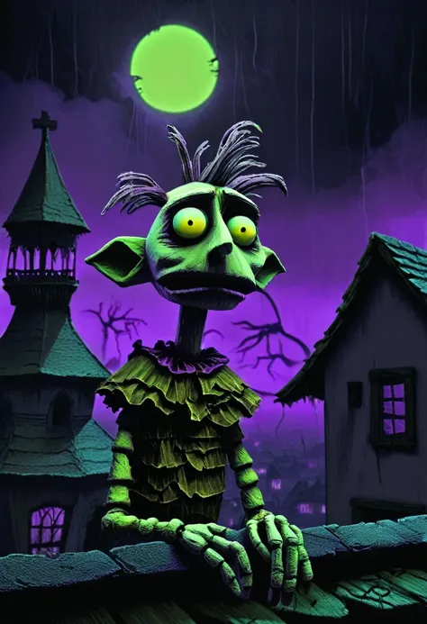 Fairy-tale puppet cartoon character Carlson, who lives on the roof. completely darkened room, grainy, eerie setting, dark white tone. creepypasta, ray tracing details. Bright colors purple, green, yellow, neon. Style by Charlie Bowett, Albert Joseph Penaud...