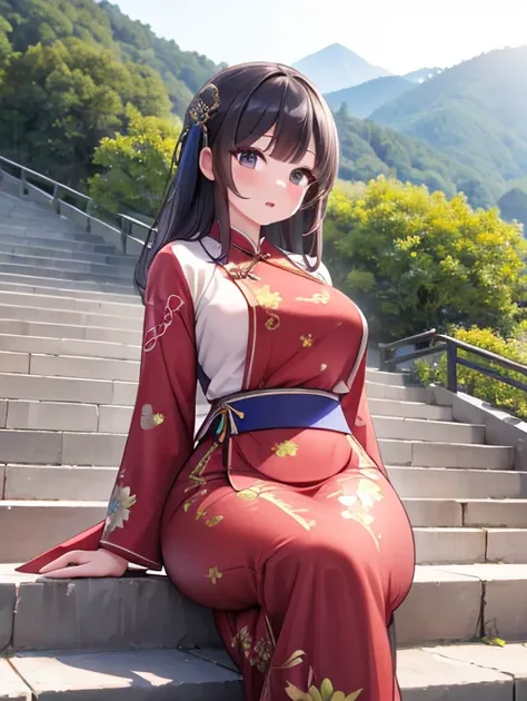 Cheongsam, stairs, mountain, outdoors, (8k, RAW photo, best quality, masterpiece:1.2), (realistic, photo-realistic:1.4), (extremely detailed 8k wallpaper),Photo of a beautiful Japanese idol 20 years old woman.