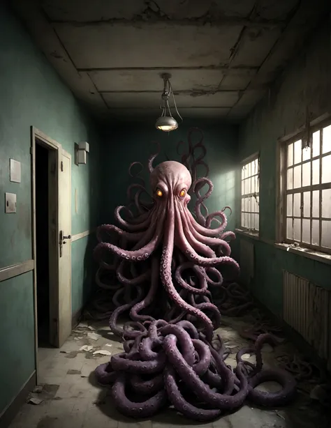 a huge eldritch creature,tentacles,twisted anatomy,nightmarish,disturbing,unsettling,horror,dark fantasy,creepy,ominous,decaying hospital,abandoned room,crumbling walls,dust motes,hazy lighting,sinister atmosphere,(best quality,8k,highres,masterpiece:1.2),...