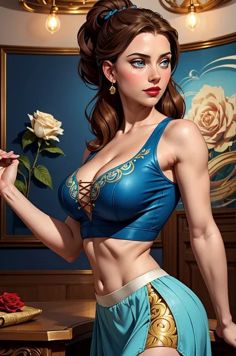 Balerina Gracefully Dancing, Honey Brown Hair, Very Long Hair, Chignon, Crop Top. Leaning-Over-Table, Messy Hair, Pale Skin, Red Lips, Skirt Wth Woodcut Patterns, Crop Top Wth Blue Rosemaled Designs. Midriff, Wide Smile, Eyes Detailed & Wide,Dynamic Pose. ...