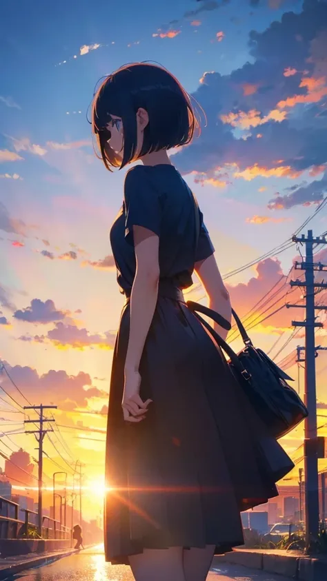 girl walking with short bob hair,Parent and ,View from behind,A shining sunset,sunset,Side view