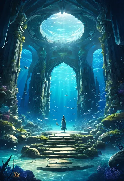 (masterpiece), (highest quality)background, Fantasyアート, wonderful, Fantasy, 10,000 meters deep on the ocean floor、dim、Fantastic World、No living things exist、A stone altar beyond the sea&#39;s split、Swirling ocean currents、