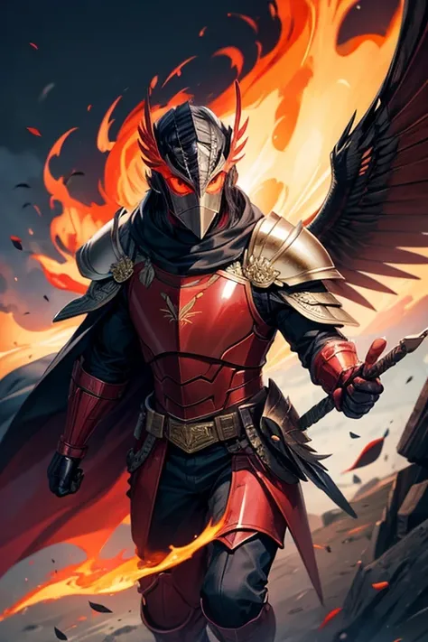 A man in red armor and wings of fire with a black bird-like mask 